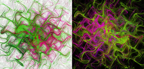 Movable flowing abstract background. Green, pink and purple streams create grids on black and white backgrounds. Two backgrounds in one. Set. 3D rendering. 3D illustration.