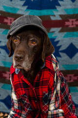 Labrador Retriever Dog in red shirt and gray baseball cap sits on floor with sad face. animals are like people, taking care of dog. pedigreed domestic pet, posing, animal clothing. High quality photo