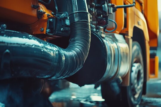 Sewage truck s vacuum empties home septic tank Cleaning service for suburban drainage Suction vehicle pumps waste