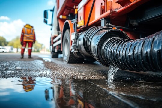 Sewage truck empties home septic tank Vacuum service for drainage maintenance in suburban areas