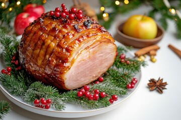 Bird s eye view of a Nordic festive table featuring baked ham pickled herring turnip pudding and mustard adorned with ivy red berries apples and cinnamon sticks on a wh