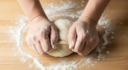 Hands kneading bread dough on wooden kitchen table with flour  