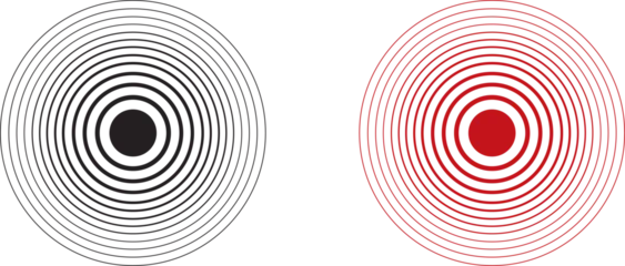Abstract concentric circles design with optical illusion effect in black and red tones on a white background. Minimal geometric composition creating hypnotic radial patterns, ideal for modern posters. © Sevil