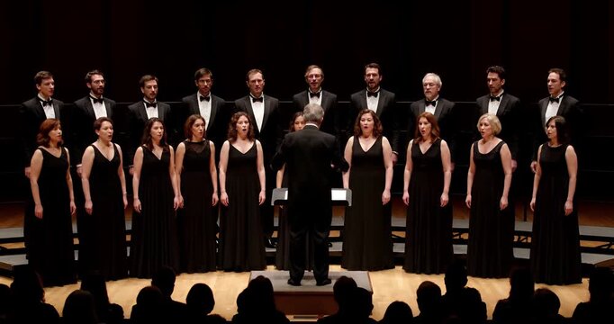 Professional mixed choir sings onstage with conductor