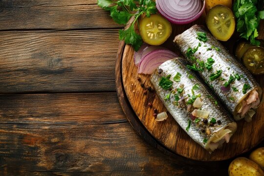 Top view of a rustic gourmet appetizer featuring rollmops herring onions and pickles ideal for pescatarians or vegetarians