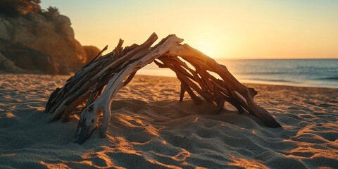 Driftwood creating archway on sandy beach at sunset on uninhabited island