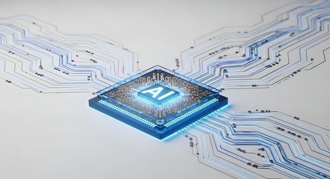 A computer chip with AI technology and circuit board design on a white background