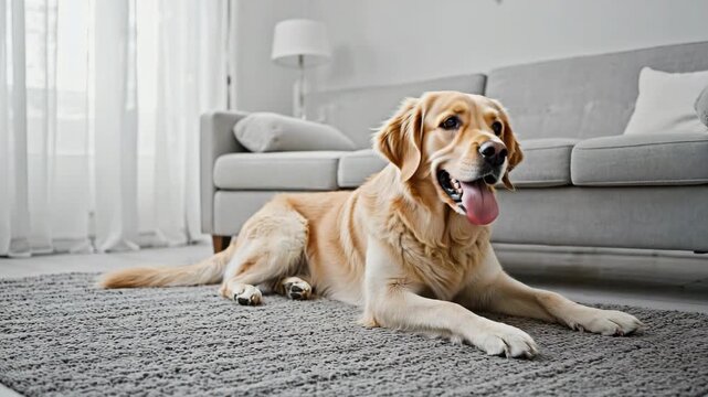 Relaxed Golden Retriever Dog Lying on a Living Room Rug, pet lifestyle concept