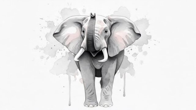 Three watercolor style elephants with trunks and tusks in motion, standing vertically. Safari animal set for artistic design elements.