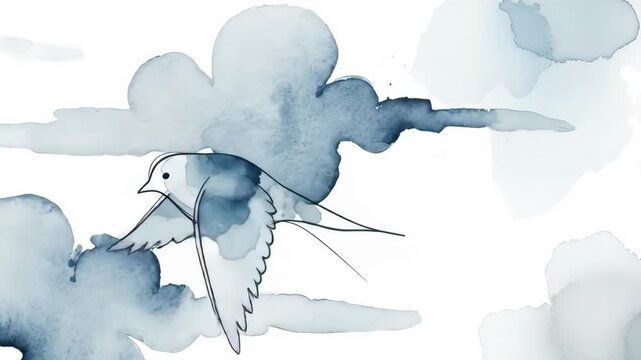 Watercolor illustration of a bird flying through blue clouds, a serene and artful animal animation or design element.