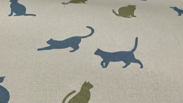 Cat silhouette pattern on textile. Playful feline design for fabric, wallpaper, or scrapbook. Animal themed decorative background.