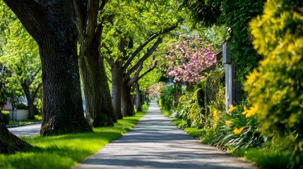 春の街路樹と都市の背景