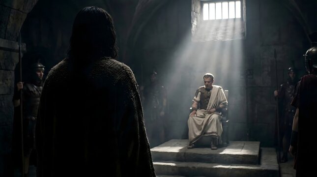 Cinematic Biblical Scene of Jesus Christ Standing Trial Before Pontius Pilate AI Generated