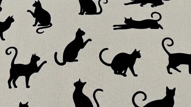 Animals. Repeating pattern of black cat silhouettes in various playful poses. Seamless domestic pet design for textile or print.