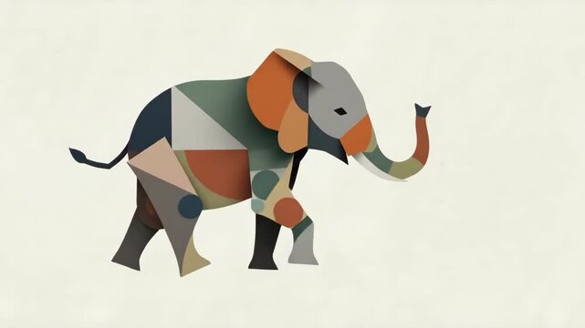 Abstract art elephant with geometric shapes, showing movement from standing to walking with trunk raised. Animal concept illustration.