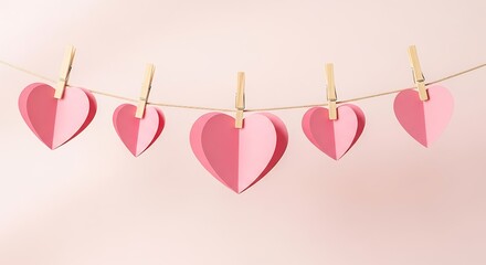 Happy Valentine&rsquo;s Day Greeting Card with Paper Craft Hearts and Clouds on Pink Background.