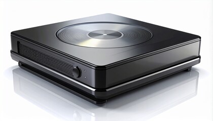Obraz premium Modern black DVD player with digital display, isolated on white background, home entertainment electronics concept