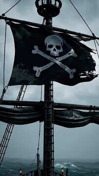 Barco pirata antiguo navegando en mar embravecido bajo un cielo tormentoso. La bandera Jolly Roger ondea en el m&aacute;stil, creando una escena oscura, &eacute;pica y cinematogr&aacute;fica llena de misterio y aventura.