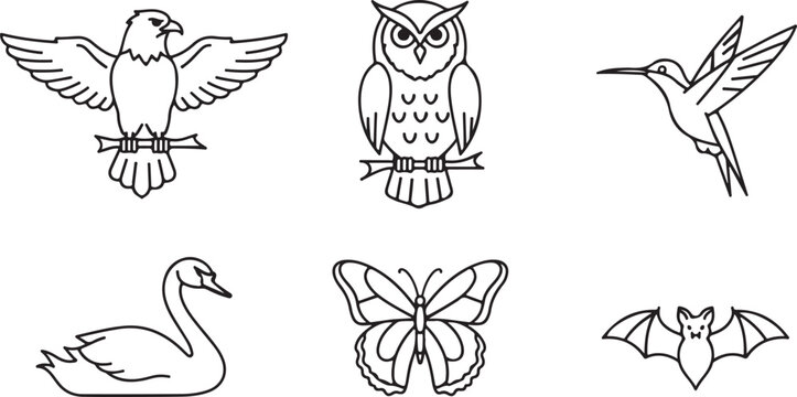 Set of bird and insect icons: eagle, owl, hummingbird, swan, butterfly, bat Isolated on white background