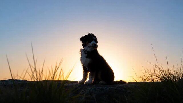 Adorable bernedoodle sits calmly watching dramatic sunset over meadow