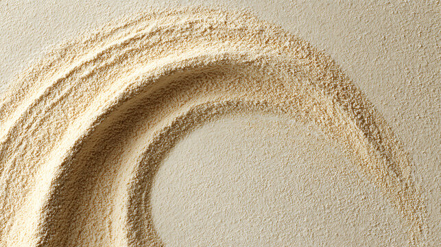 Textured background of sifted beige flour or semolina powder with a sweeping wave pattern and granular detail for culinary concepts.