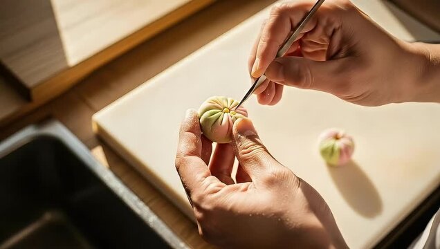 Japanese Confectioner Crafting Wagashi with Precision and Delicate Hand Movements