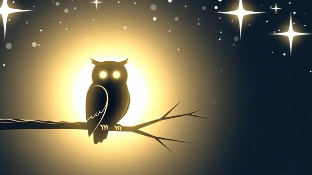 Stylized owl on a tree branch at night with a full moon glow. Celestial wildlife illustration with stars and dark sky for nocturnal animal theme.