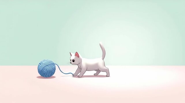 White cat playfully chasing and battening a blue yarn ball, demonstrating an animals natural curiosity and playful behavior