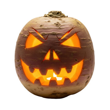 rustic jack-o'-lantern carved from a pale mangel-wurzel turnip, glowing intensely with warm candlelight, isolated on a transparent background with copy space. concept of ancient halloween folklore