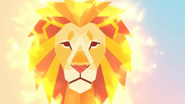 Geometric lion head icon animation with glowing mane. Digital animal representation with blue and orange gradient background. Abstract symbol.