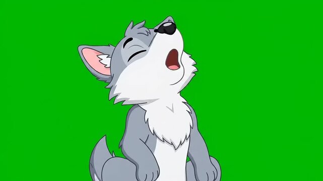 Charming animated gray wolf pup howling vocally, head tilted skyward against a vibrant green screen background, ideal for seamless integration into educational or entertaining stock video projects