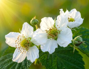 Close-up of Blackberry Blossoms in Spring Sunlight.