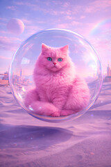 Surreal 3D Render of Fluffy Neon Pink Cat in Glass Bubble over Pastel Desert