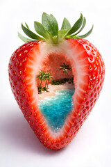 Macro Shot of Sliced Strawberry with Miniature Tropical Beach Inside