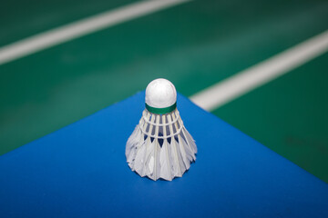 Close-up of a white badminton shuttlecock standing upright on a blue surface, with a blurred green...