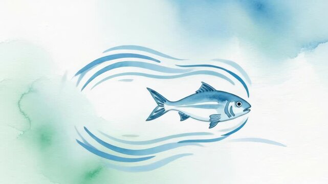 Animated blue fish swimming with watercolor waves in ocean on abstract green and blue background. Marine life concept.