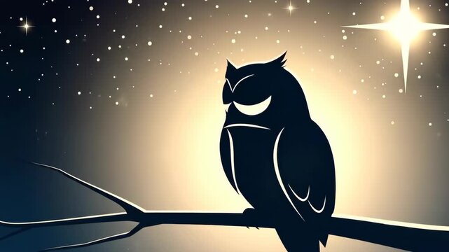 Cute owl sitting on treel branch at night under starry sky, turning head and looking around with big bright eyes. Wildlife animation.