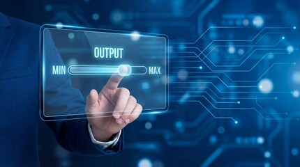 Obraz premium Businessman adjusting output on futuristic digital interface with glowing slider control in modern technology setting for optimal performance and efficiency in data management and processing.