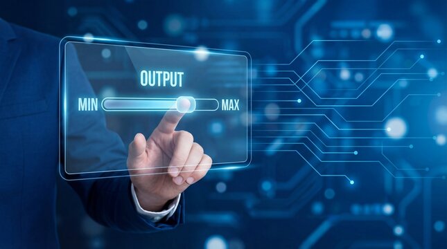 Businessman adjusting output on futuristic digital interface with glowing slider control in modern technology setting for optimal performance and efficiency in data management and processing.