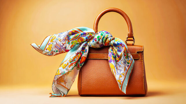 A delightful leather handbag with a sleek handle showcases a vibrant silk scarf tied elegantly, fluttering softly in the breeze during a studio session