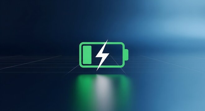 3D render of a green charging battery icon with a white lightning bolt symbol on a dark blue abstract digital background