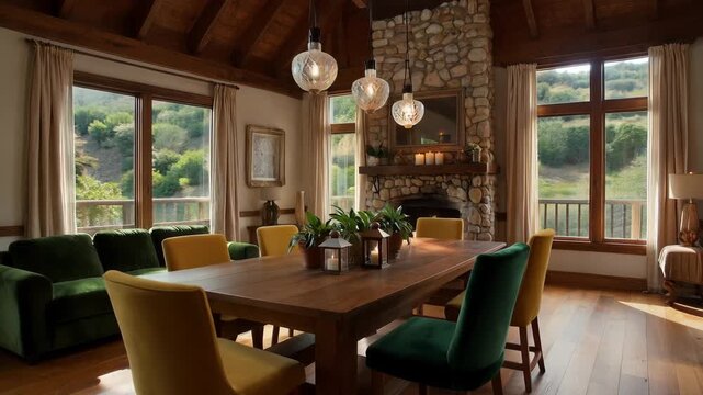 Cozy rustic dining room with stone fireplace and large windows  warm interior design
