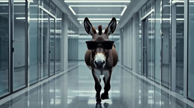 Cinematic 4K video donkey wearing stylish black sunglasses, walking confidently modern corporate office hallway, glass walls, minimalistic architecture daylight reflections, shallow depth of field