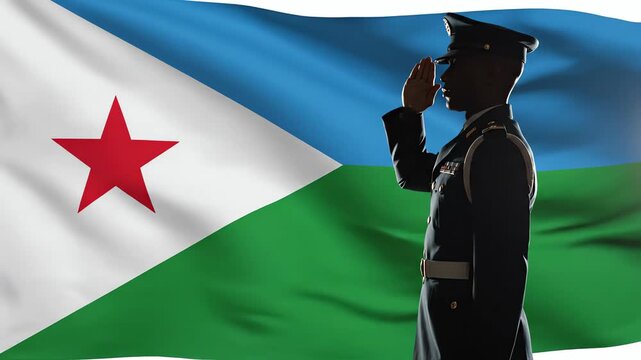 Djiboutian soldier saluting the national flag in various poses