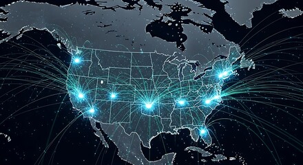 Digital network connections illustrate data flow across a map of the United States