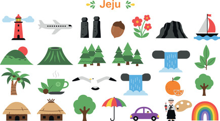 Jeju Island travel element set with lighthouse, dol hareubang, hallasan mountain, tangerine and sea © Firoz