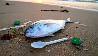 Dead fish on beach with plastic waste - environmental pollution.