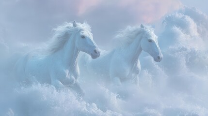 Fototapeta premium Celestial Run: Two majestic horses gallop freely through the fluffy, ethereal clouds, capturing a sense of freedom and serenity. This image evokes dreams, adventure, and the magic of a fantasy world.