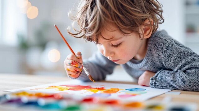 young child focused on painting with bright colors on paper at a table indoors, expressing creativity, learning and early artistic development