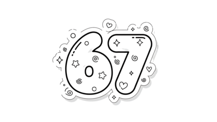 A graphic illustration of the number sixty-seven surrounded by decorative elements.